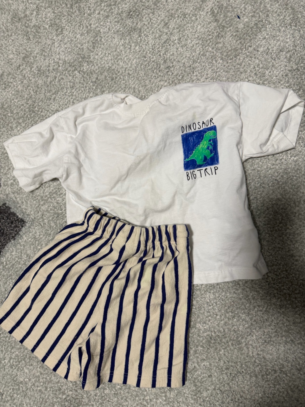 ZARA White 'Dinosaur Big Trip' Graphic Tee and Navy Stripe Shorts Set
